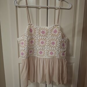 Pink Lily Cream and Pink Crochet Peplum Camisole
